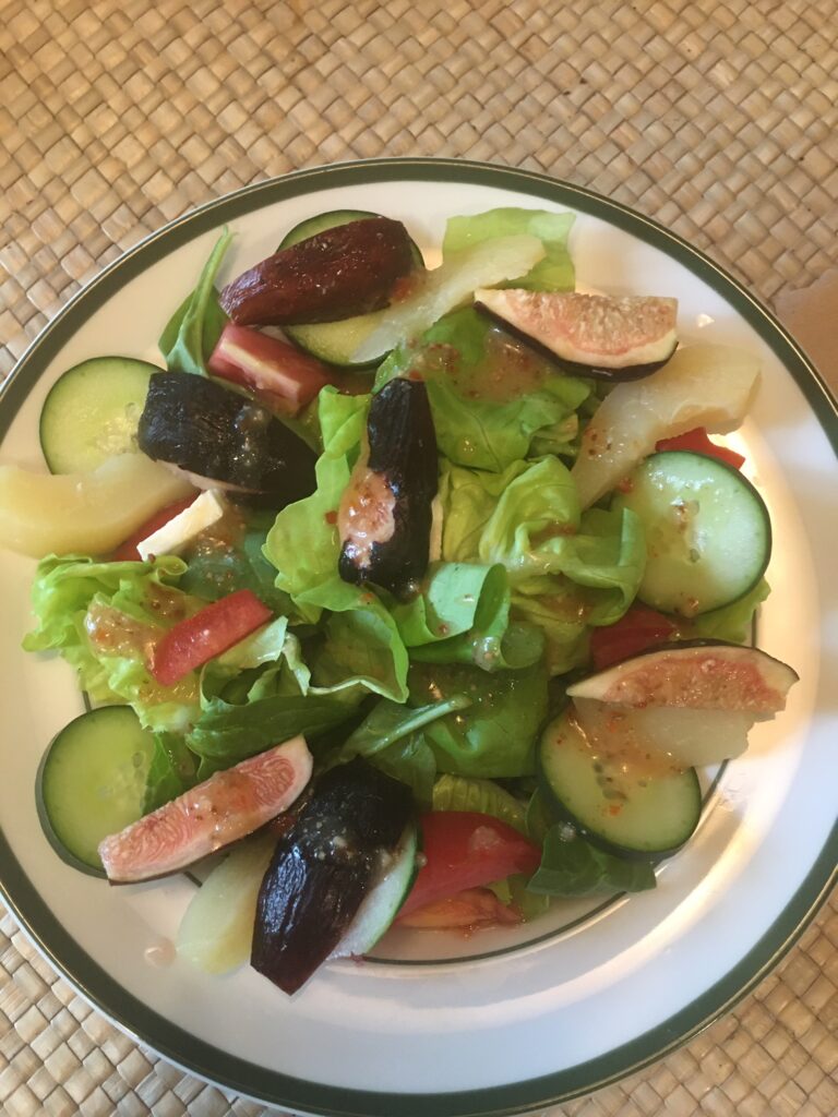 cucumber, fig, spinach and lettuce salad with homemade mustard vinaigrette
