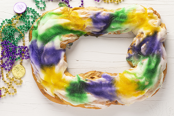 New Orleans king cake which is a major part of the celebration of Carnival or Mardi Gras in New Orleans and south Louisiana
