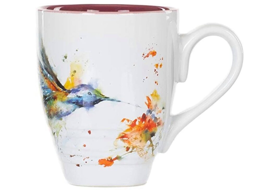 16 ounce stoneware mug decorated with watercolor hummingbird image by Dean Crouser